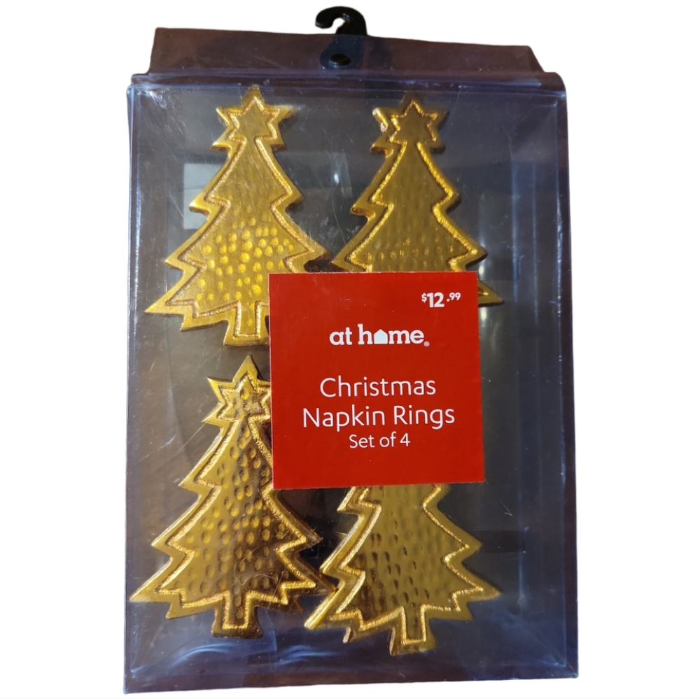 Set Of 4 At Home  Napkin Ring Holders Gold/Brass Colored Christmas Tree Heavy